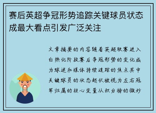 赛后英超争冠形势追踪关键球员状态成最大看点引发广泛关注 赛后英超争冠形势追踪关键球员状态成最大看点引发广泛关注